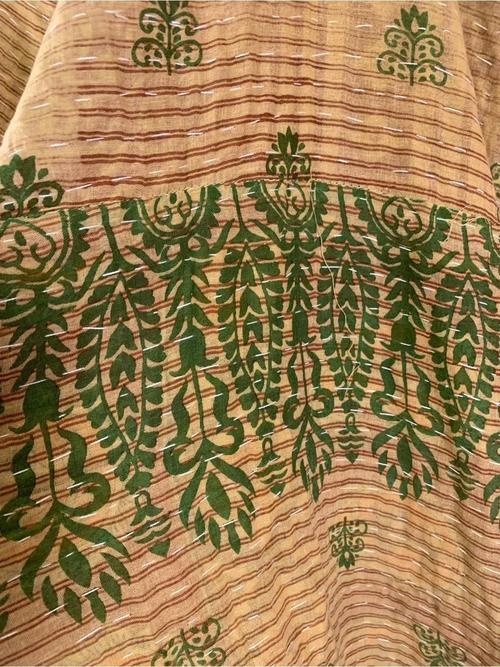 Handmade Kantha Quilt Twin Size Recycled Sari Cotton Tan Green Red Mustard